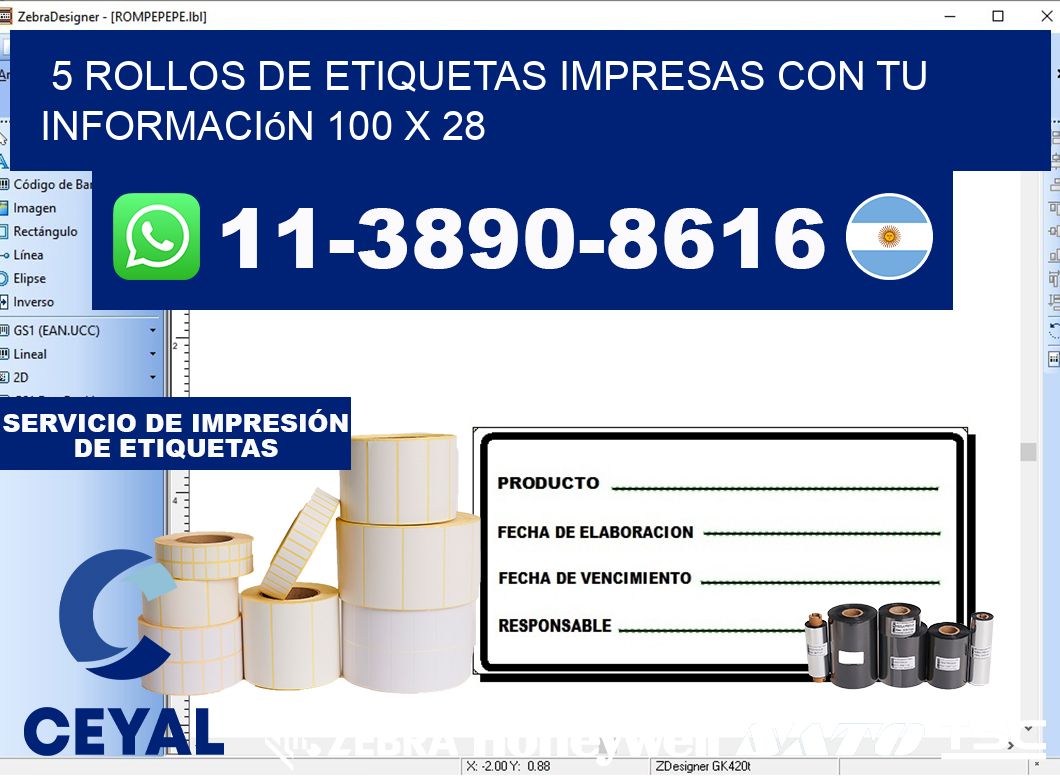 5 rollos de etiquetas impresas con tu información 100 x 28