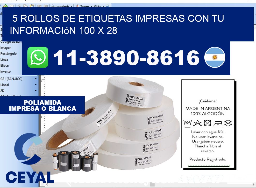 5 rollos de etiquetas impresas con tu información 100 x 28