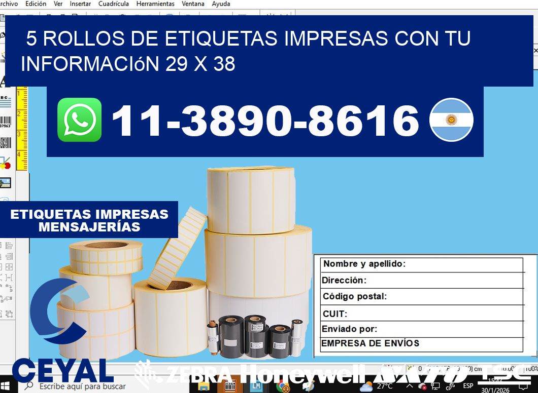5 rollos de etiquetas impresas con tu información 29 x 38