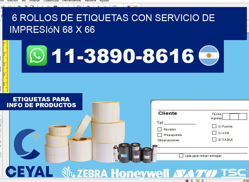 6 rollos de etiquetas con servicio de impresión 68 x 66
