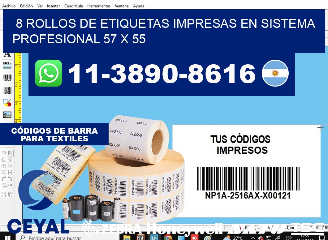 8 rollos de etiquetas impresas en sistema profesional 57 x 55