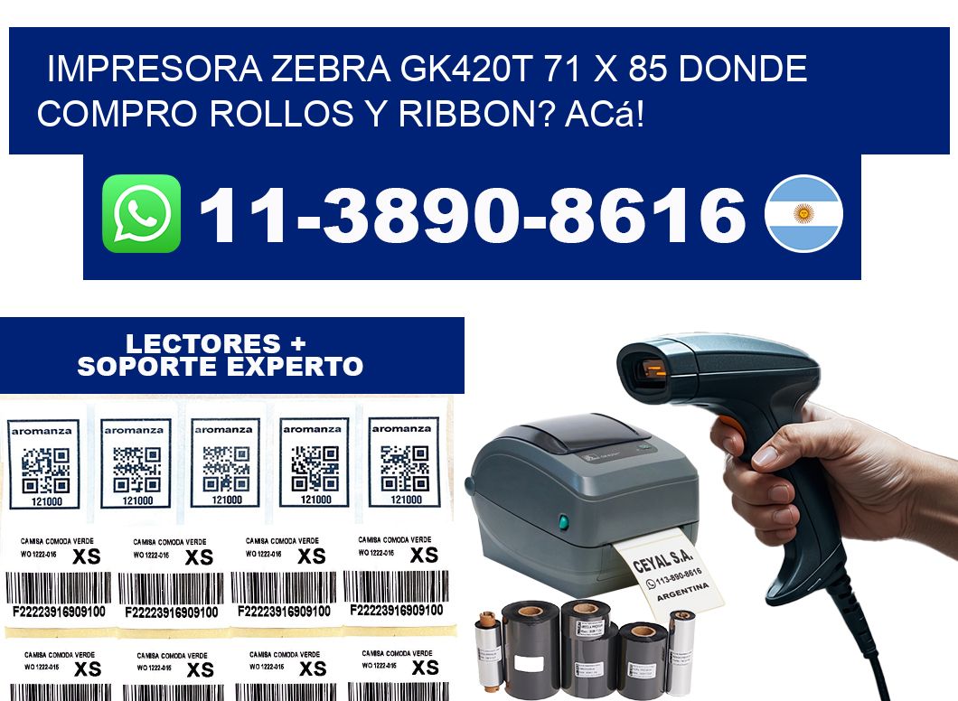 impresora zebra gk420t 71 x 85 Donde compro rollos y ribbon? Acá!