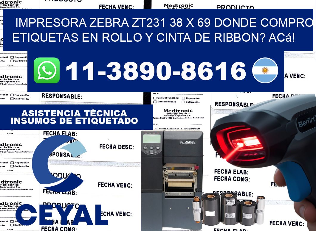 impresora zebra zt231 38 x 69 Donde compro etiquetas en rollo y cinta de ribbon? Acá!